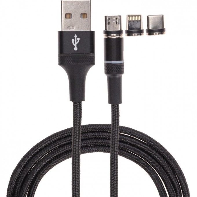 Кабель REXANT USB 3в1 со съемными магнитными портами, Type-С (2A), Lightning (2,4A), Micro USB (2A), 1,2м, в черной оплетке, с LED подсветкой 18-7076