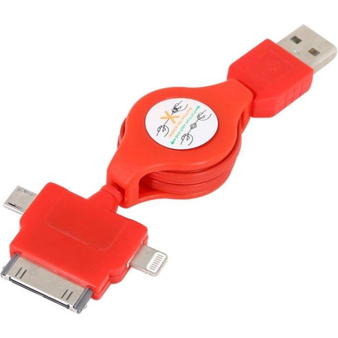 Кабель-рулетка REXANT 3в1 для iPhone 5, micro USB, iPhone 4, 1А, ПВХ, красный 18-4055