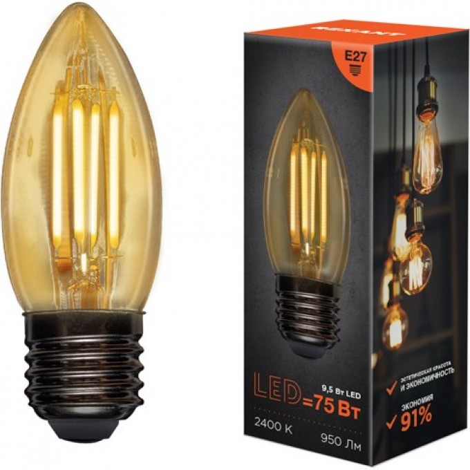 Лампа филаментная REXANT CN35 9.5 Вт 2400K E27 золотистая колба 604-100