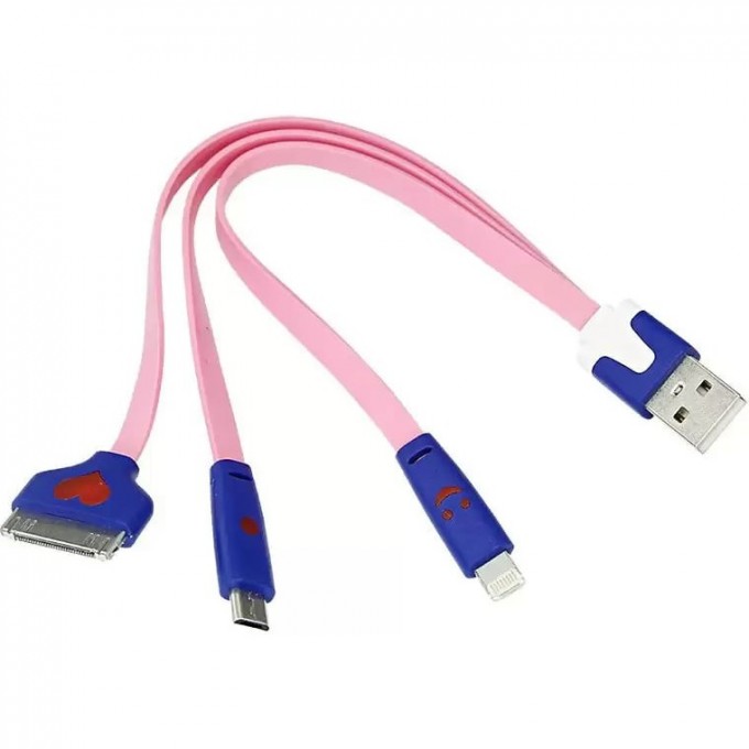USB 3 в 1 кабель REXANT Lightning, micro USB, PVC flat pink 0,15m 18-4251