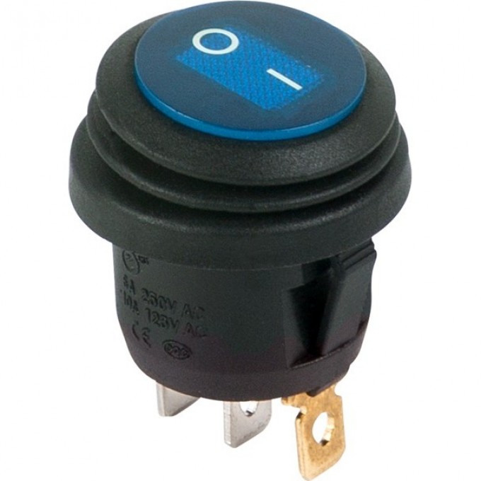 Выключатель клавишный REXANT 250V 6А (3c) ON-OFF круглый, синий с подсветкой (влагозащита) 36-2596
